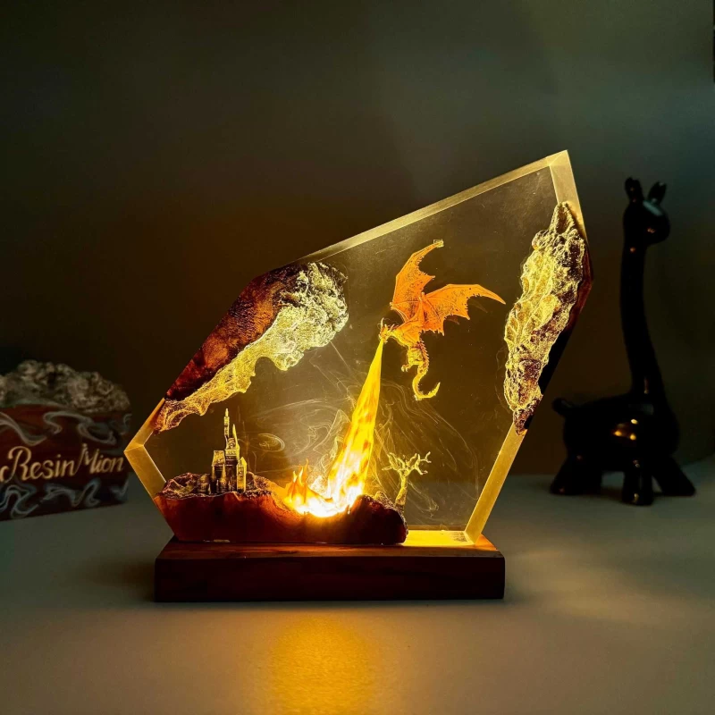 3D Resin Art – Mythical Dragon Battle Sculpture with LED Lighting
